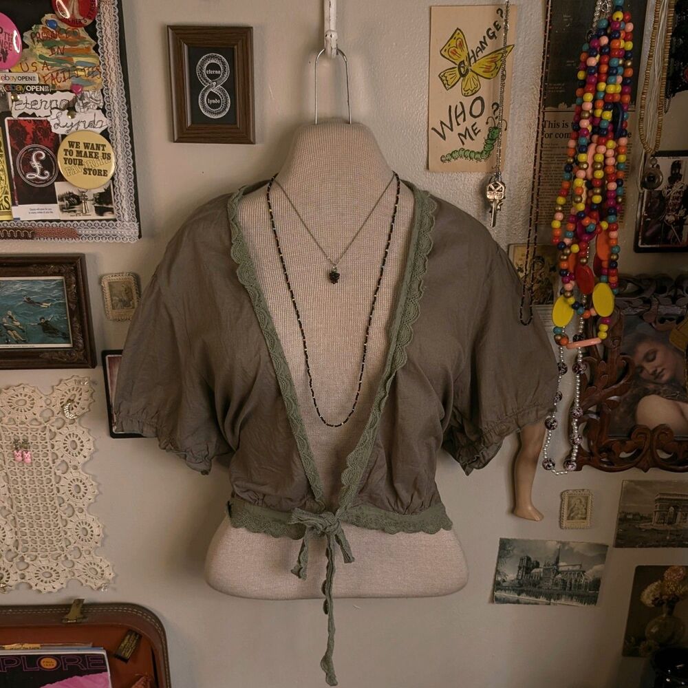 Vintage Lace Puff Sleeve Front Tie Crop Top Women's 2XL/3XL Green